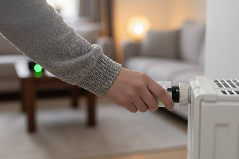 Eine Hand dreht einen Heizkörper auf