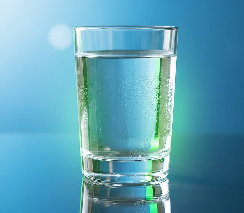 volles Trinkglas mit Wasser mit blau-grünem Hintergrund