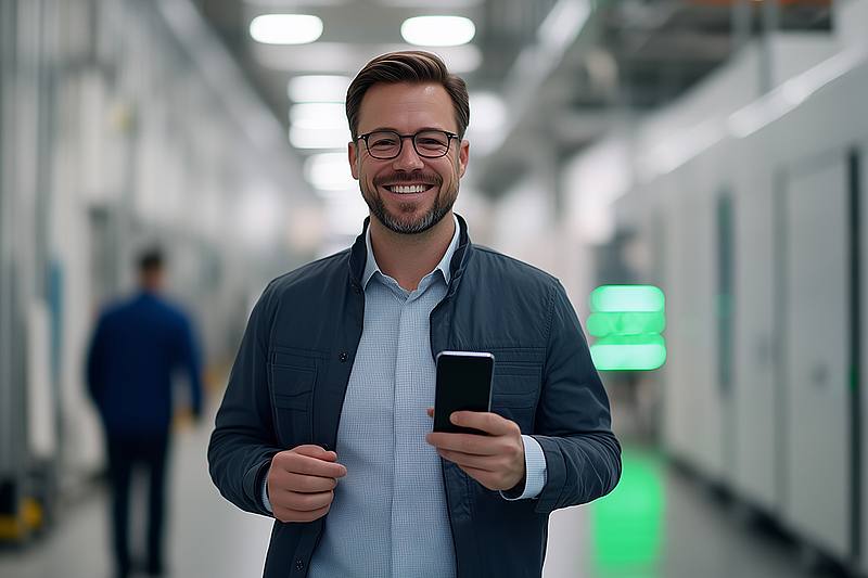 Mann im Business-Outfit und Smartphone in der Hand lächelt in die Kamera
