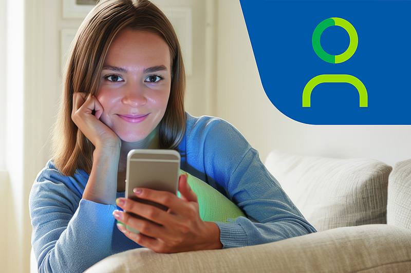 junge Frau schaut auf ihr Smartphone und liegt gemütlich auf dem Sofa